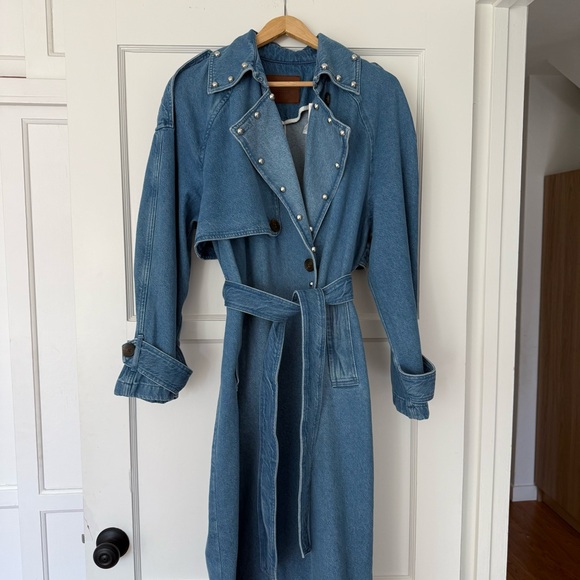 FREDA SALVADOR X DEREK LAM 10 CROSBY STUDDED DENIM TRENCH COAT Blue Medium - Picture 10 of 12
